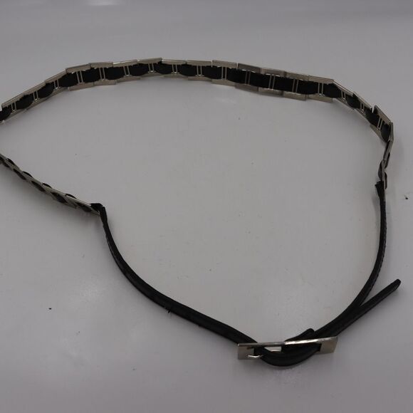 Vintage 80s Black Silver Square Segment Skinny Belt 35" Leather Look Retro - Picture 2 of 6